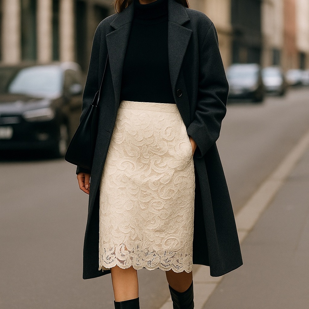 Dries Van Noten Cream Lace Pencil Skirt